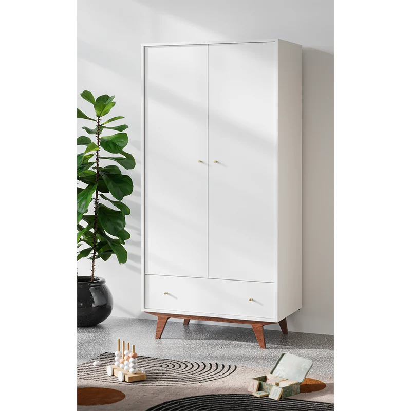 Armoire 2 portes 1 tiroir Vox Mid - Blanc et bois