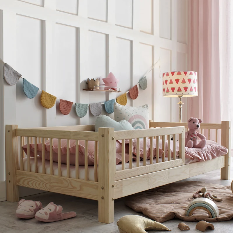 Lit 90x200 barrière et sommier inclus pieds 10 cm Adèle Bois