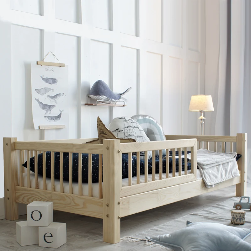 Lit 90x200 barrière et sommier inclus pieds 10 cm Adèle Bois