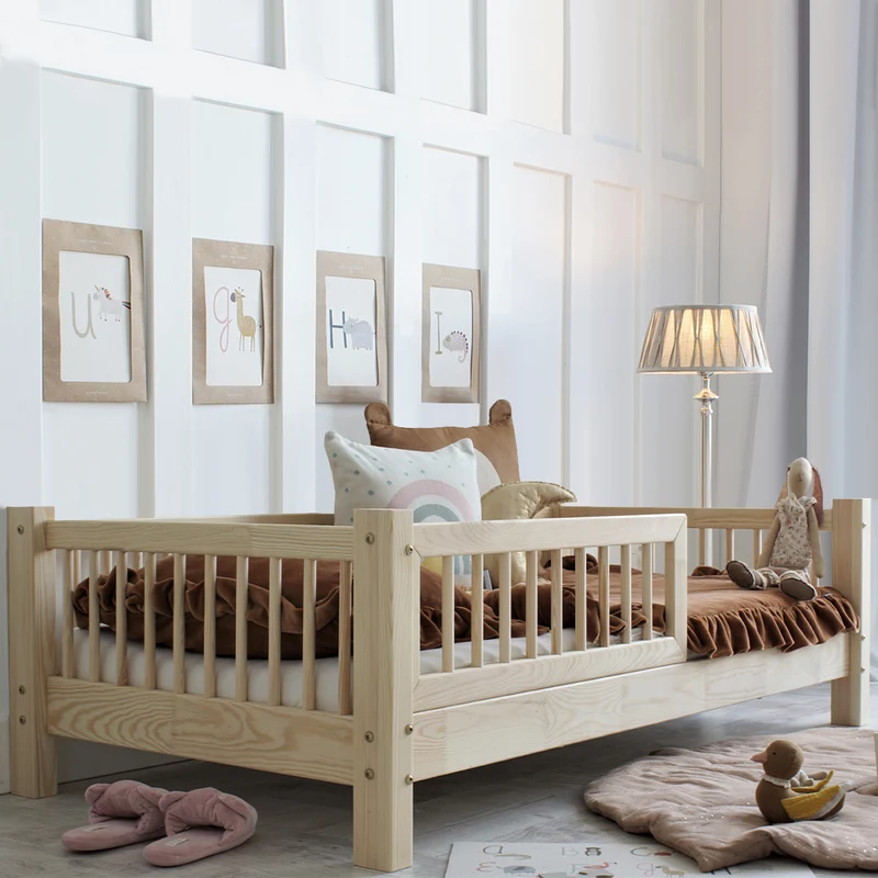 Lit 90x190 barrière et sommier inclus pieds 10 cm Adèle Bois