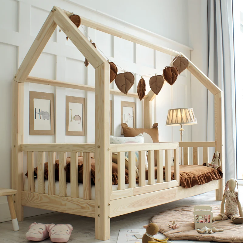 Lit cabane 90x190 barrière et sommier inclus pieds 10 cm Daisy Bois