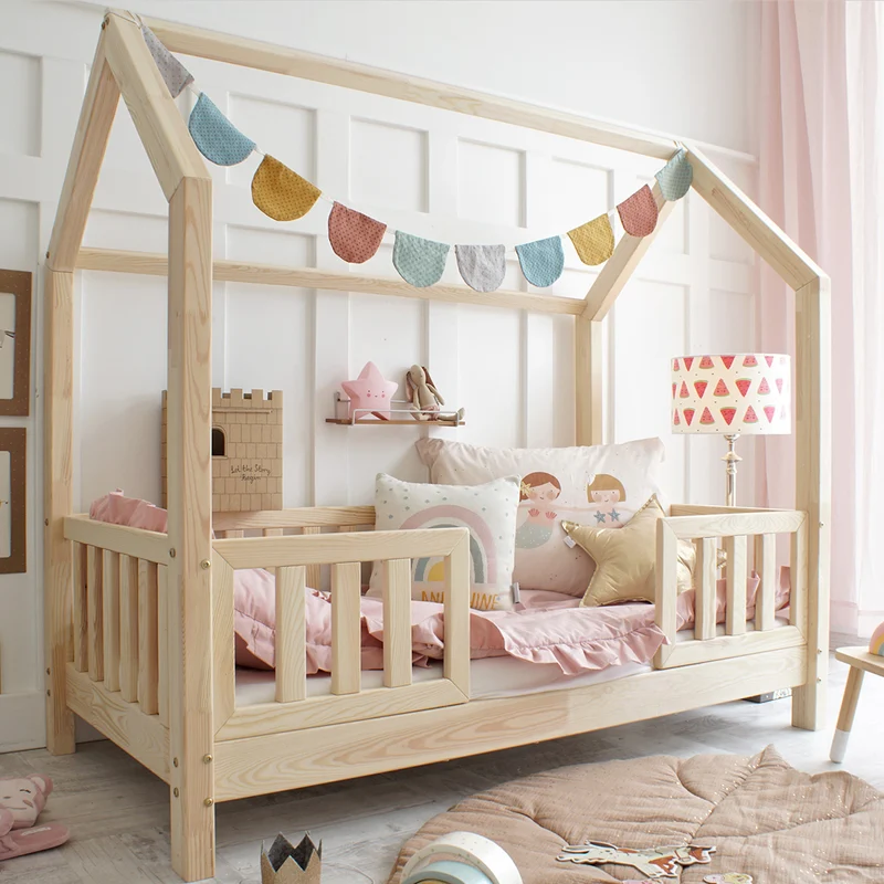 Lit cabane 90x190 barrières et sommier inclus pieds 10 cm Daisy Bois