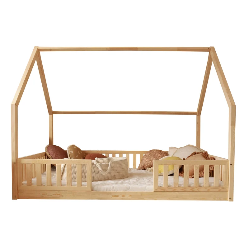 Lit cabane 140x200 barrières et sommier inclus pieds 1 cm Daisy Bois
