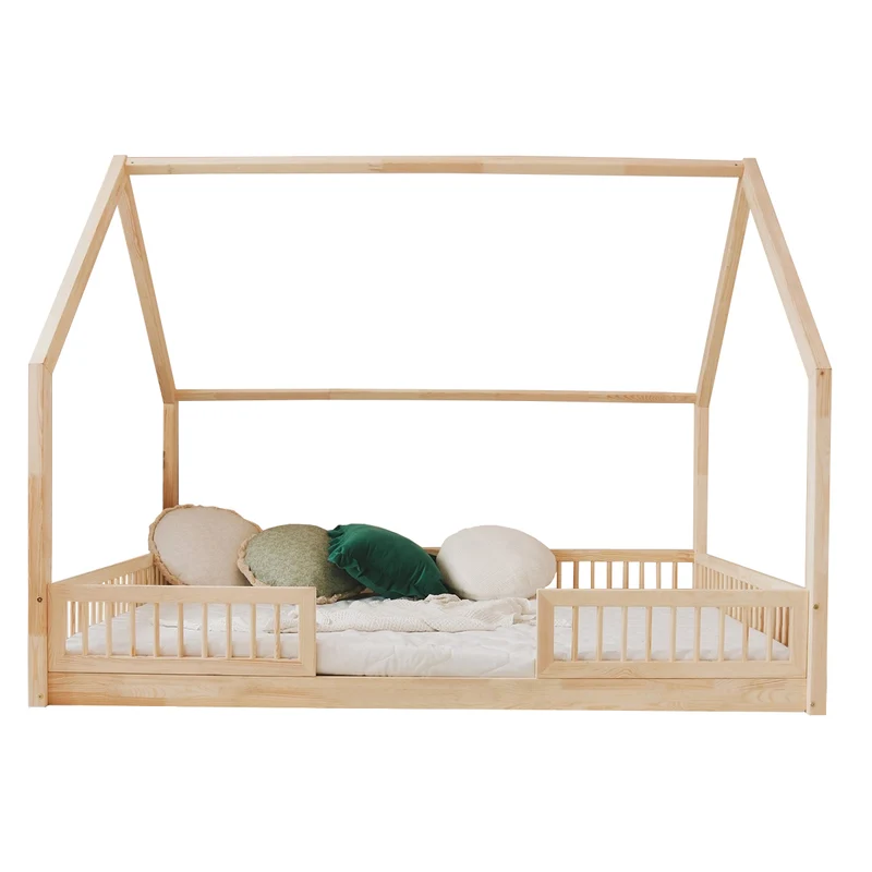 Lit cabane 140x200 barrières et sommier inclus pieds 1 cm Sofia Bois