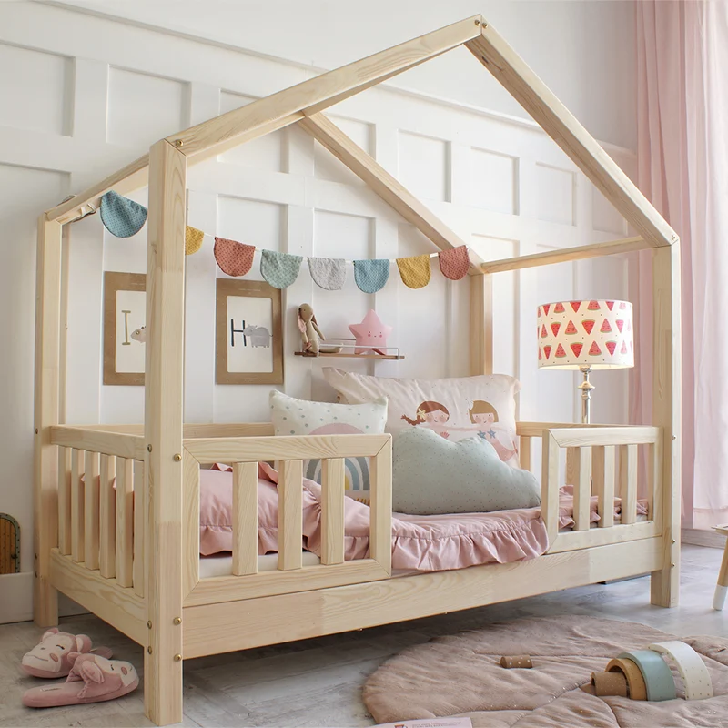 Lit cabane 90x190 barrières et sommier inclus pieds 10 cm Roxane Bois