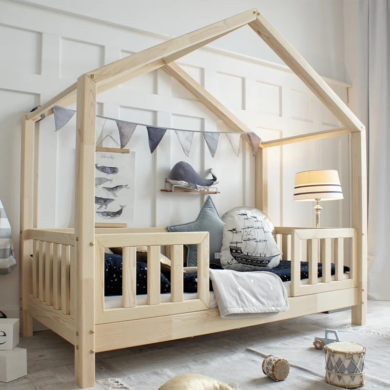 Lit cabane 90x190 barrières et sommier inclus pieds 10 cm Roxane Bois