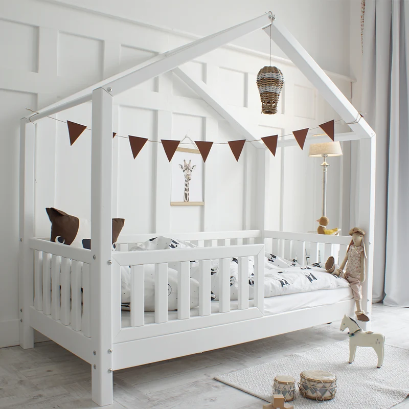 Lit cabane 90x190 barrière et sommier inclus pieds 10 cm Roxane Blanc