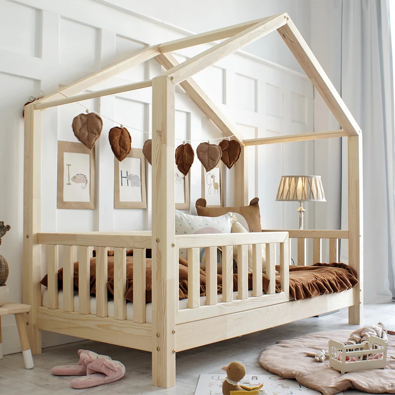 Lit cabane 90x190 barrière et sommier inclus pieds 10 cm Roxane Bois