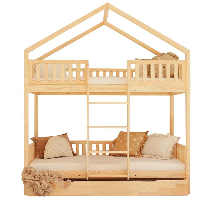 Lit cabane superposé 90x190 barrière sommier et tiroir inclus Roxane Bois