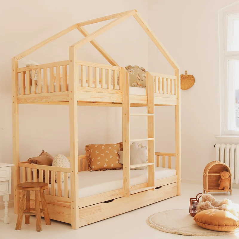 Lit cabane superposé 90x190 barrière sommier et tiroir inclus Roxane Bois