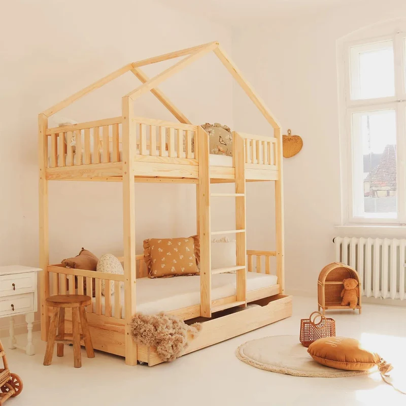 Lit cabane superposé 90x190 barrière sommier et tiroir inclus Roxane Bois