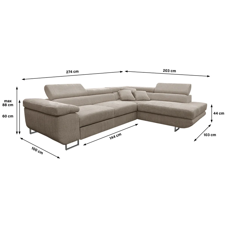 Canapé d'angle convertible droit 4 places coffre Martin velours côtelé Taupe