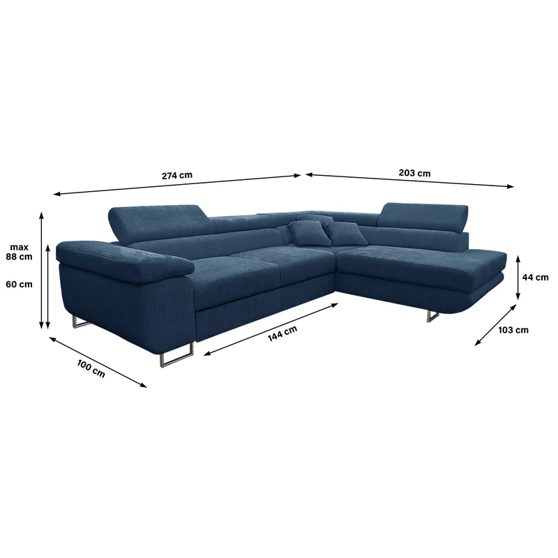 Canapé d'angle convertible droit 4 places coffre Martin velours côtelé Bleu