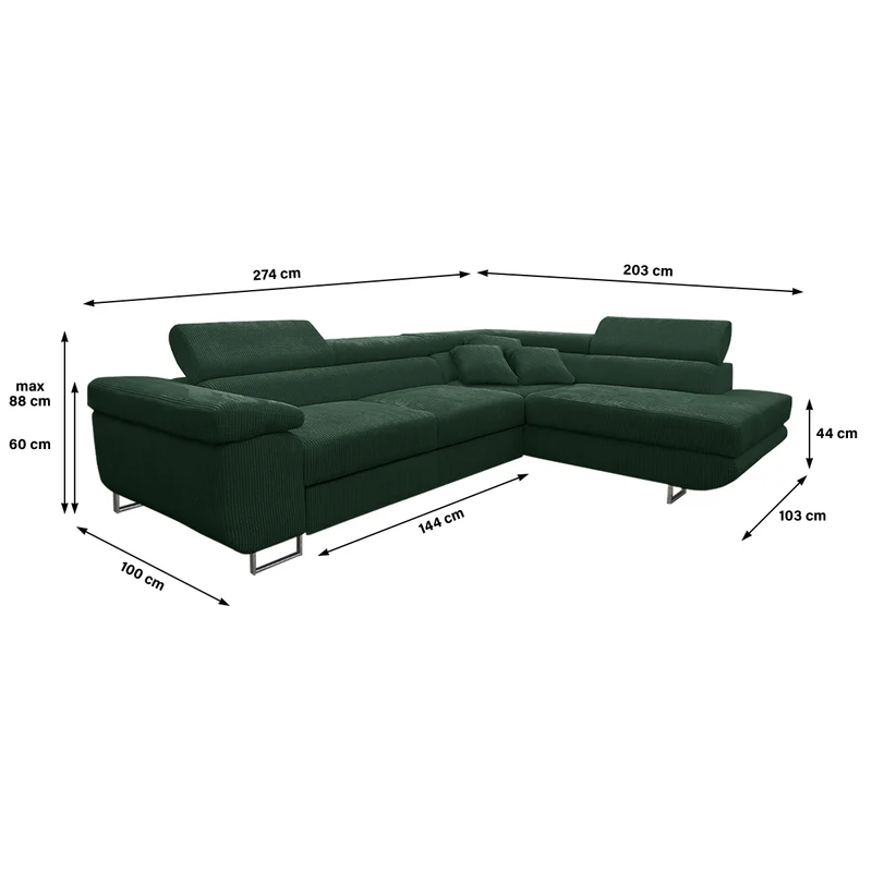 Canapé d'angle convertible droit 4 places coffre Martin velours côtelé Vert Sapin
