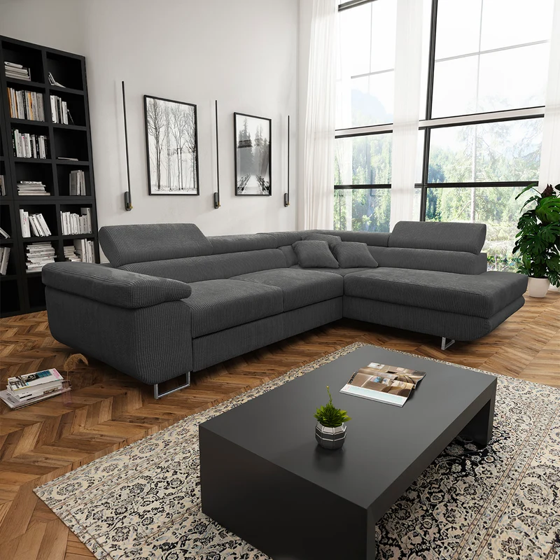 Canapé d'angle convertible droit 4 places coffre Martin velours côtelé Gris foncé