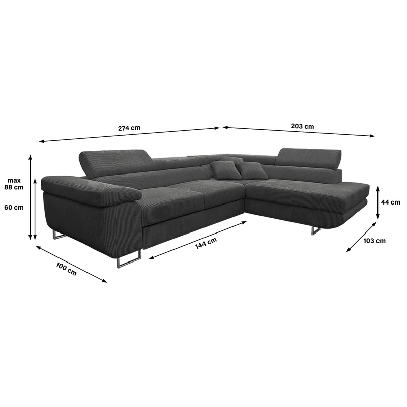 Canapé d'angle convertible droit 4 places coffre Martin velours côtelé Gris foncé