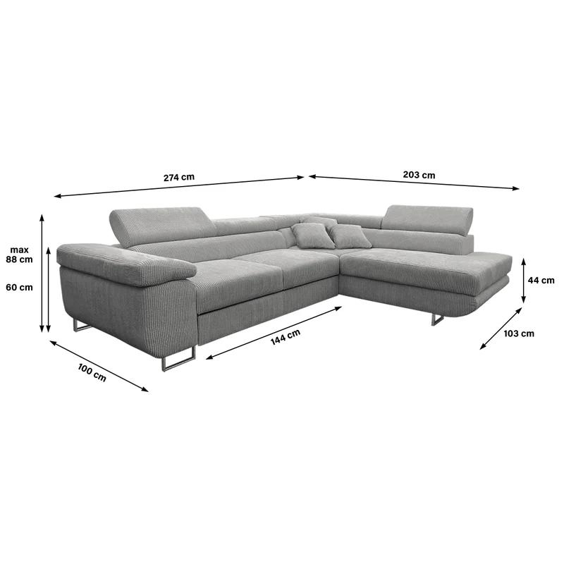 Canapé d'angle convertible droit 4 places coffre Martin velours côtelé Gris Clair