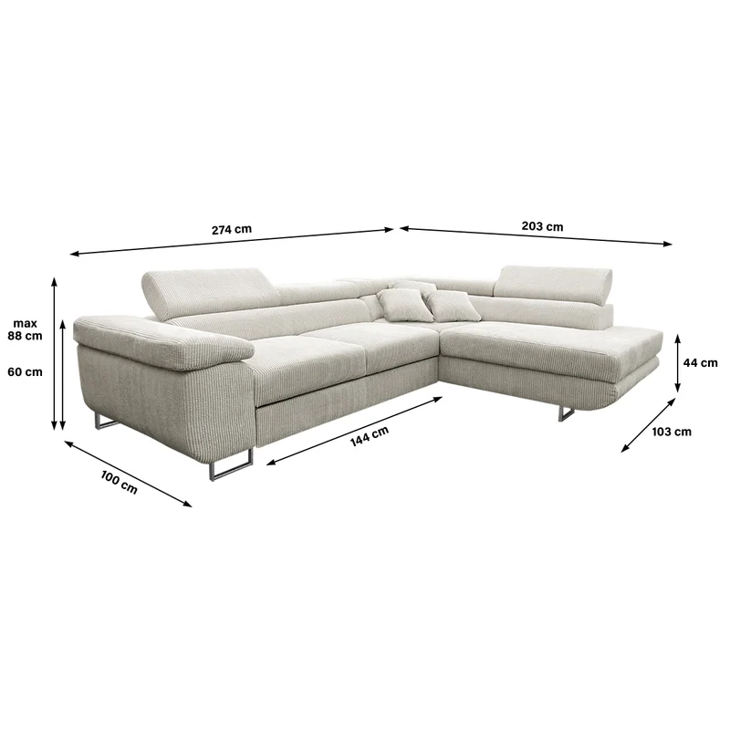 Canapé d'angle convertible droit 4 places coffre Martin velours côtelé Blanc Cassé