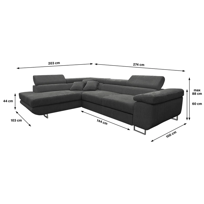 Canapé d'angle convertible gauche 4 places coffre Martin velours côtelé Gris foncé