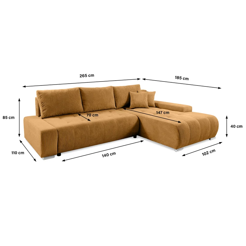 Canapé d'angle convertible droit 4 places coffre Jonas velours côtelé Jaune