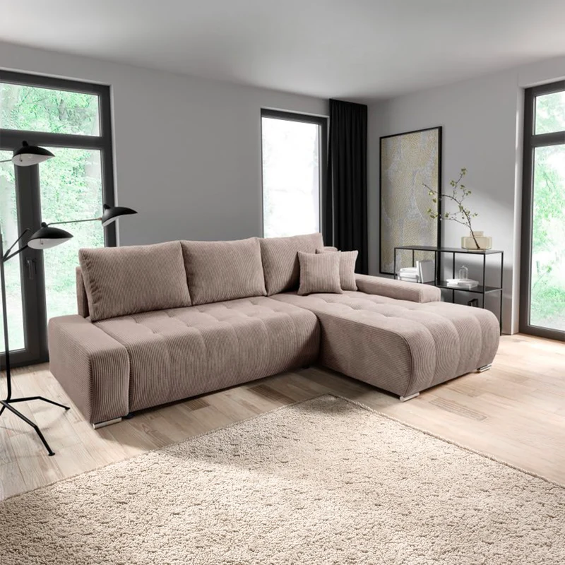 Canapé d'angle convertible droit 4 places coffre Jonas velours côtelé Taupe