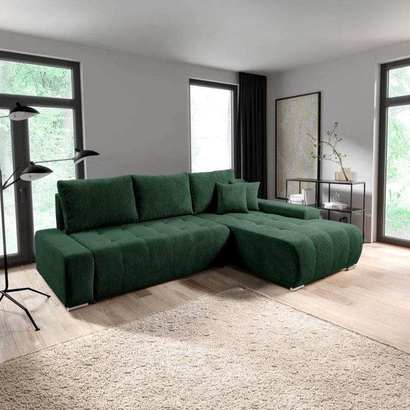 Canapé d'angle convertible droit 4 places coffre Jonas velours côtelé Vert Sapin