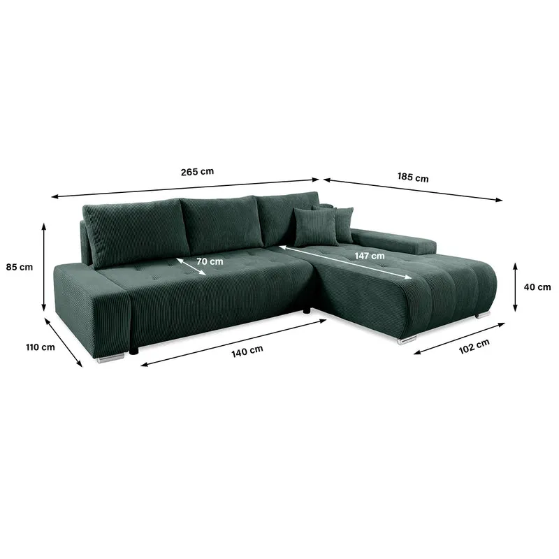 Canapé d'angle convertible droit 4 places coffre Jonas velours côtelé Vert Sapin