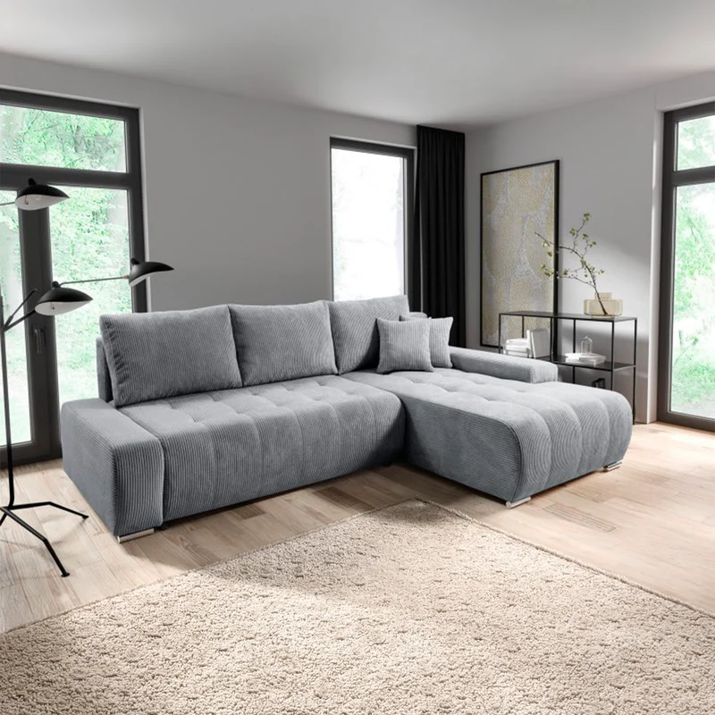 Canapé d'angle convertible droit 4 places coffre Jonas velours côtelé Gris Clair