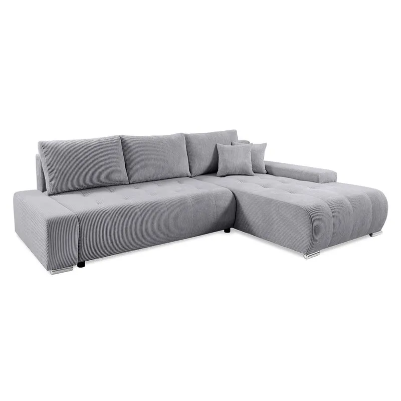 Canapé d'angle convertible droit 4 places coffre Jonas velours côtelé Gris Clair