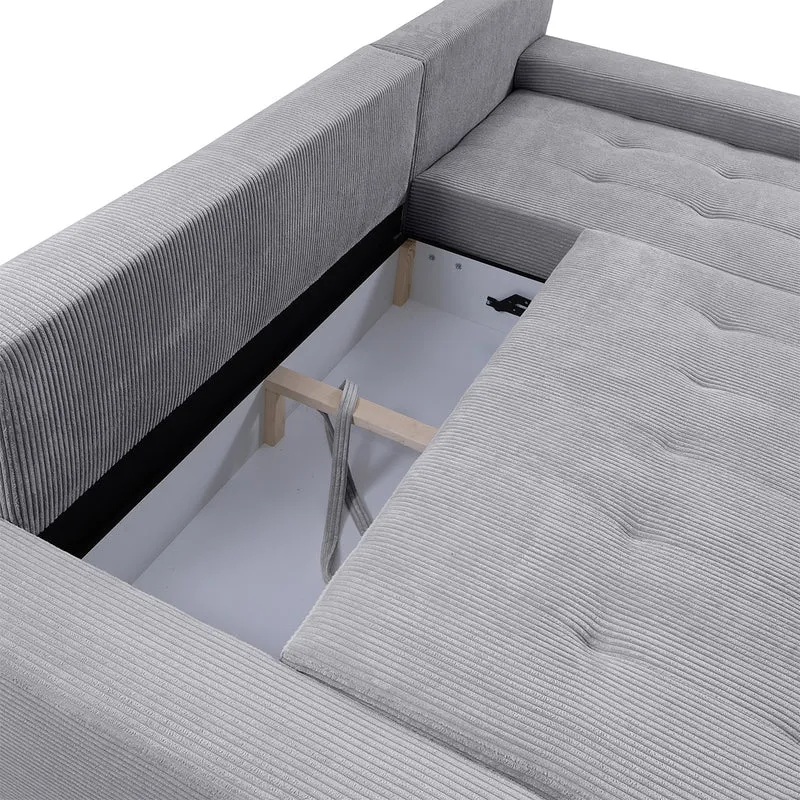 Canapé d'angle convertible droit 4 places coffre Jonas velours côtelé Gris Clair