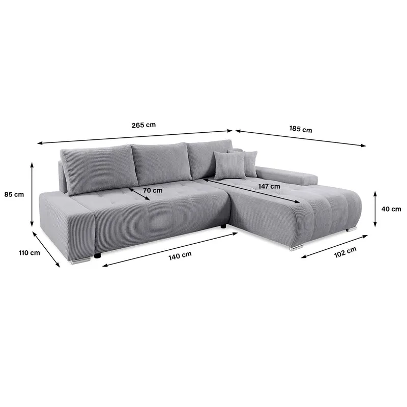 Canapé d'angle convertible droit 4 places coffre Jonas velours côtelé Gris Clair