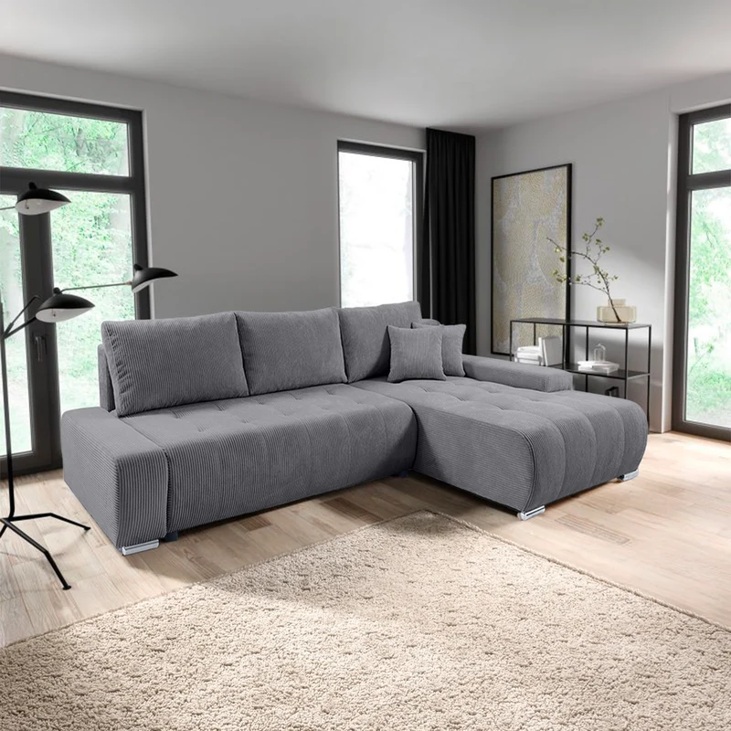 Canapé d'angle convertible droit 4 places coffre Jonas velours côtelé Gris