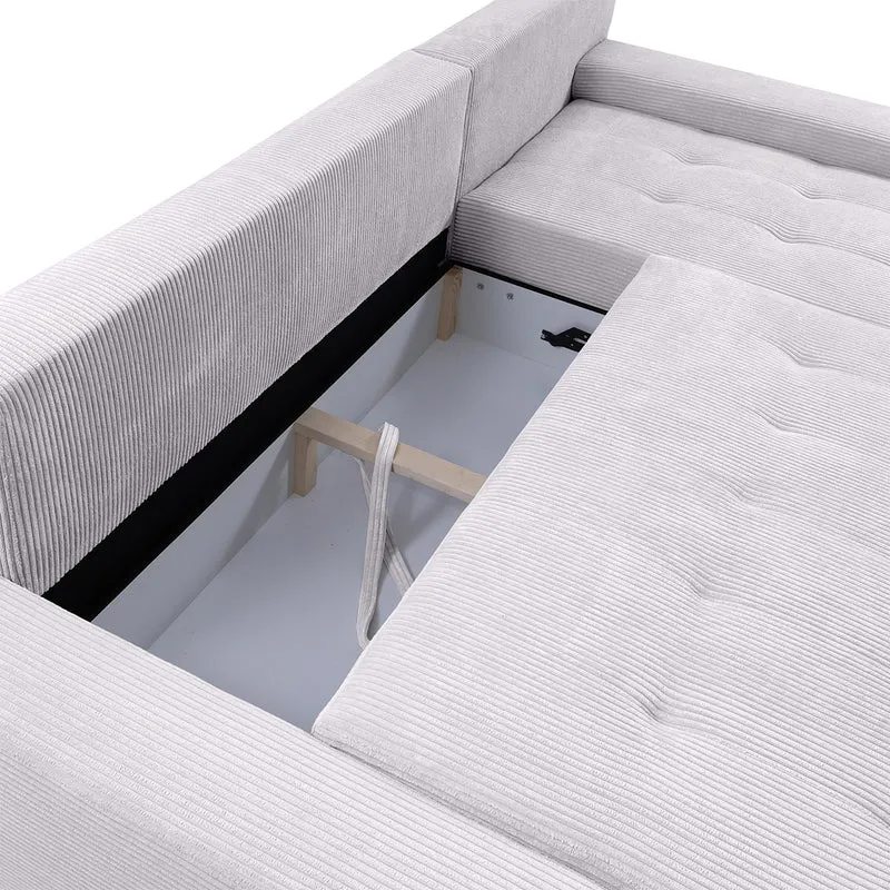Canapé d'angle convertible droit 4 places coffre Jonas velours côtelé Blanc Cassé