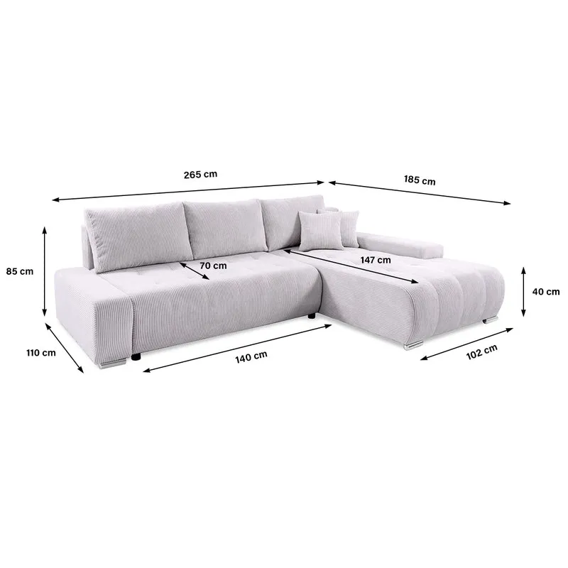 Canapé d'angle convertible droit 4 places coffre Jonas velours côtelé Blanc Cassé