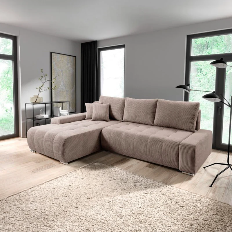 Canapé d'angle convertible gauche 4 places coffre Jonas velours côtelé Taupe