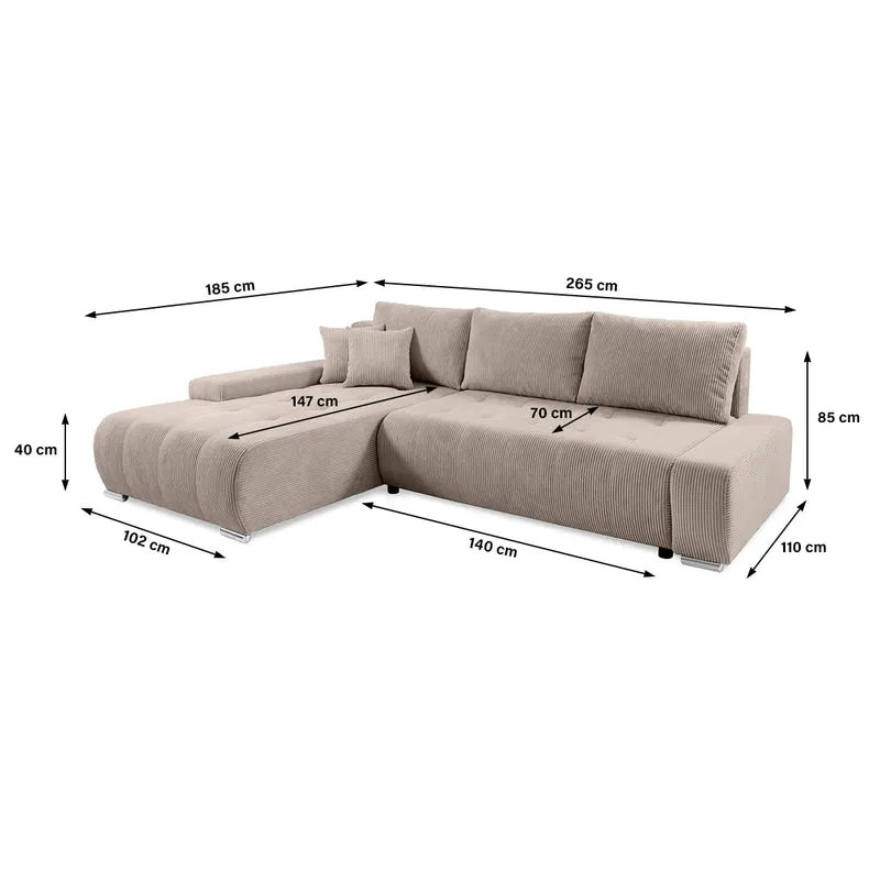 Canapé d'angle convertible gauche 4 places coffre Jonas velours côtelé Taupe