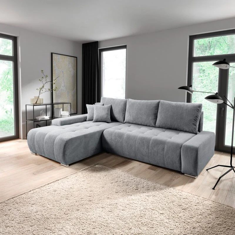 Canapé d'angle convertible gauche 4 places coffre Jonas velours côtelé Gris Clair