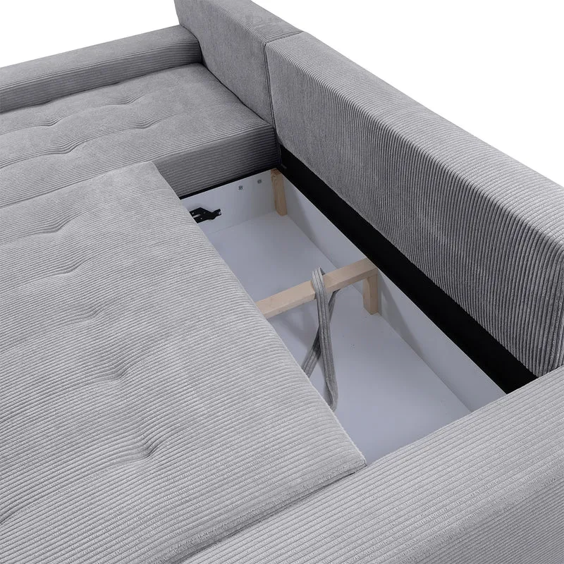Canapé d'angle convertible gauche 4 places coffre Jonas velours côtelé Gris Clair