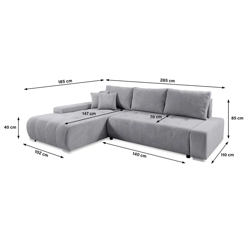 Canapé d'angle convertible gauche 4 places coffre Jonas velours côtelé Gris Clair