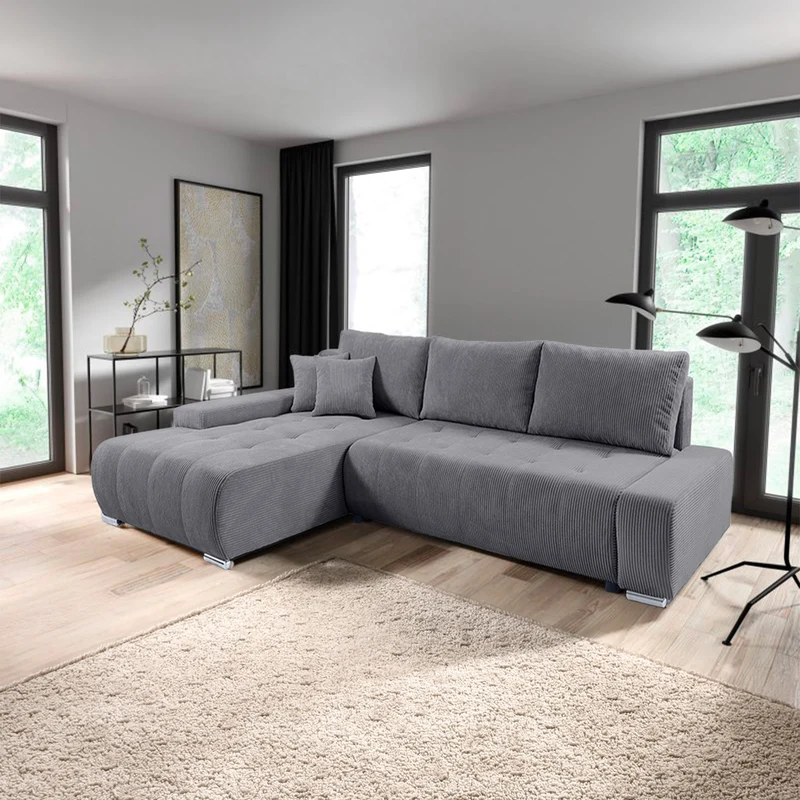 Canapé d'angle convertible gauche 4 places coffre Jonas velours côtelé Gris