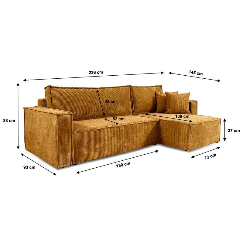 Canapé d'angle réversible convertible 3 places Ezekiel velours côtelé Jaune