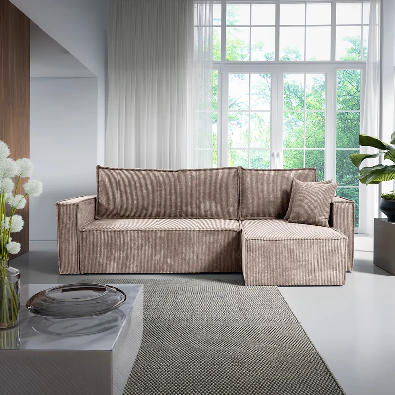 Canapé d'angle réversible convertible 3 places Ezekiel velours côtelé Taupe