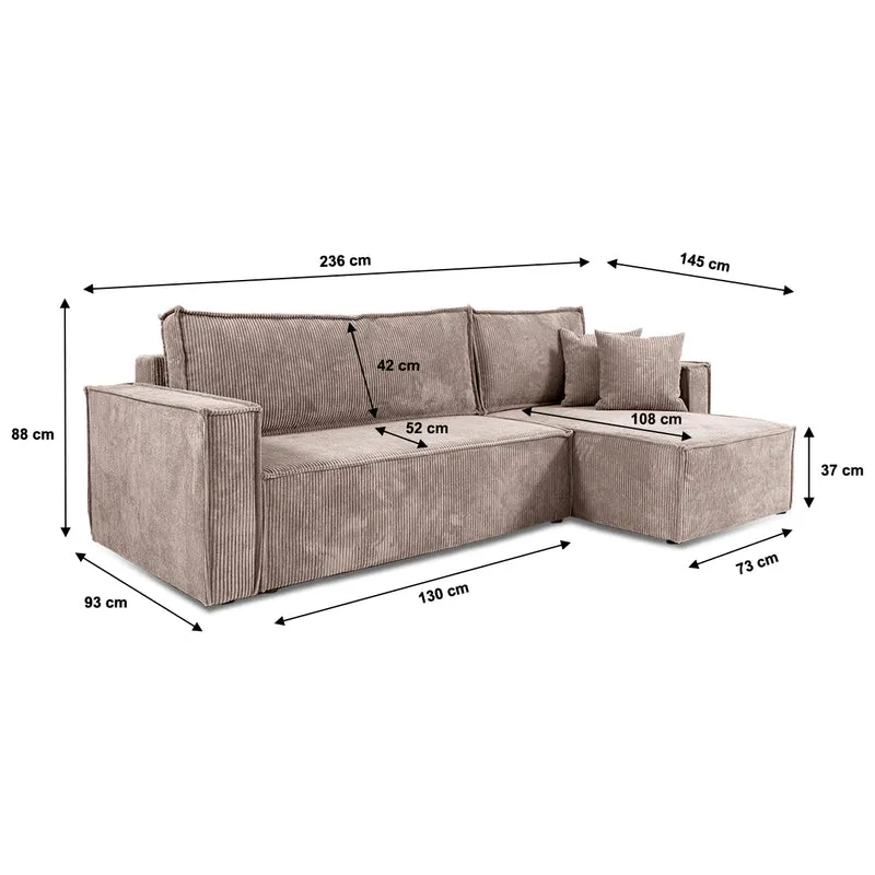 Canapé d'angle réversible convertible 3 places Ezekiel velours côtelé Taupe