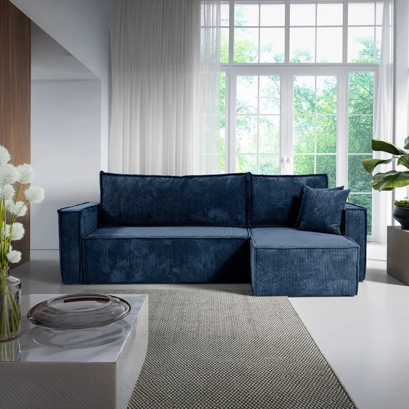 Canapé d'angle réversible convertible 3 places Ezekiel velours côtelé Bleu