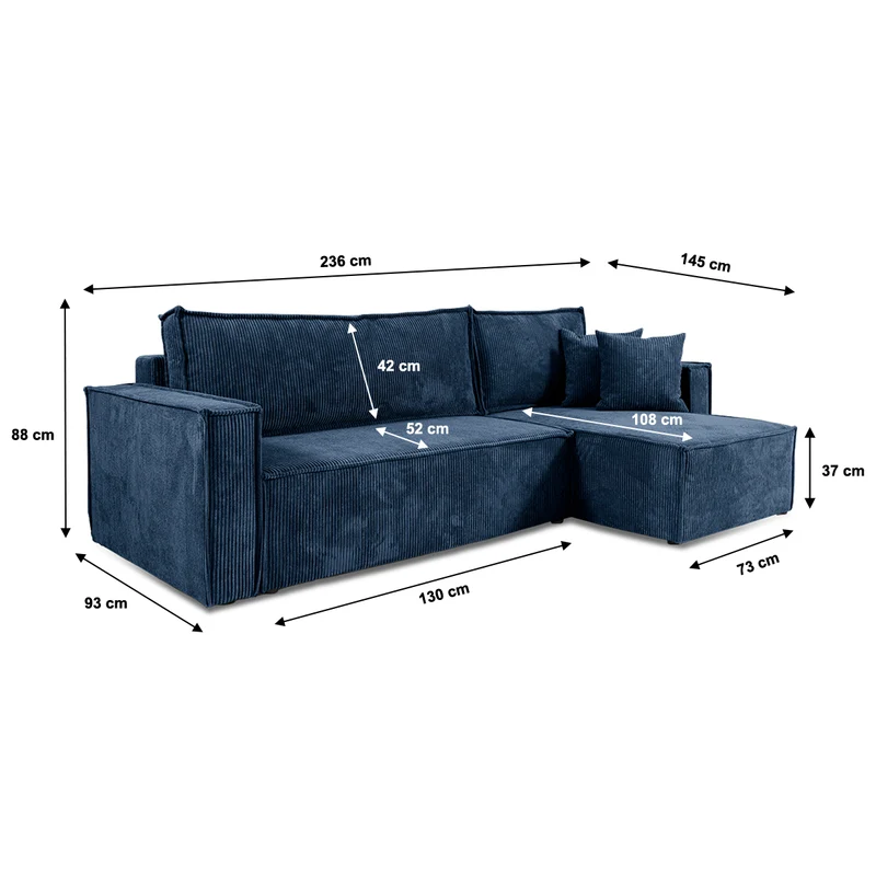 Canapé d'angle réversible convertible 3 places Ezekiel velours côtelé Bleu