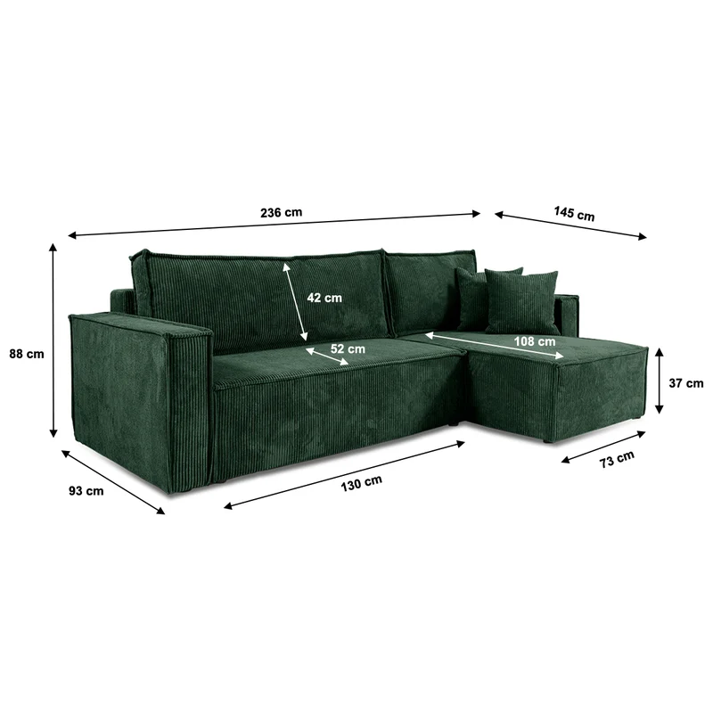 Canapé d'angle réversible convertible 3 places Ezekiel velours côtelé Vert Sapin