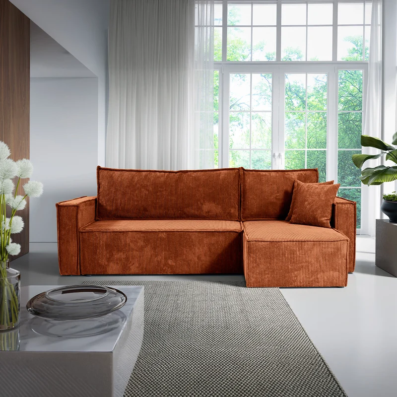 Canapé d'angle réversible convertible 3 places Ezekiel velours côtelé Terracotta