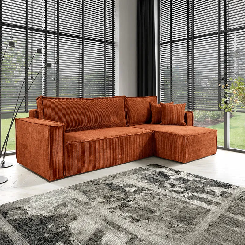 Canapé d'angle réversible convertible 3 places Ezekiel velours côtelé Terracotta