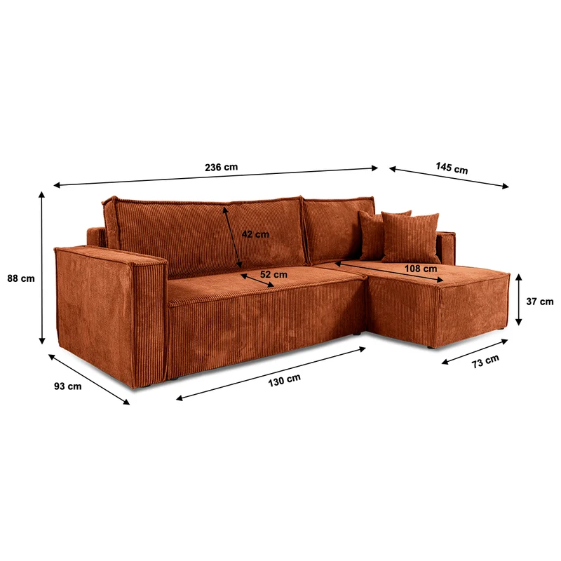 Canapé d'angle réversible convertible 3 places Ezekiel velours côtelé Terracotta