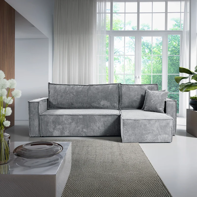 Canapé d'angle réversible convertible 3 places Ezekiel velours côtelé Gris Clair